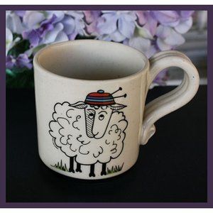 vintage Union Stoneware Pottery mug with cute sheep wearing hat design